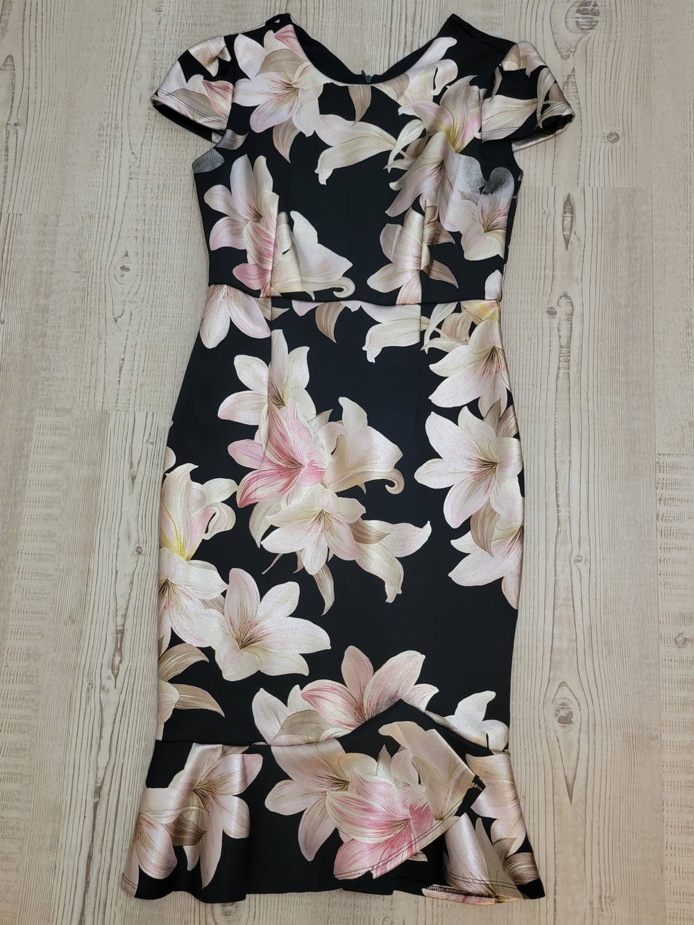 Enfocus Studio Black Midi Dress with Pink and Cream Floral Print Size 6